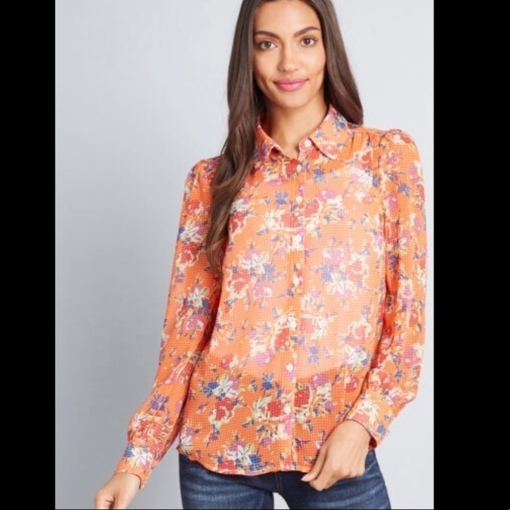 MODCLOTH Be Buzzworthy Floral Print Orange Blouse Size Small - Picture 3 of 16